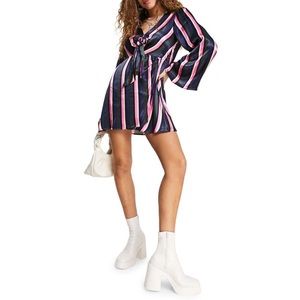 Topshop Stripe Print Long Wide Sleeve V Neck Mini Party Dress Pink 6